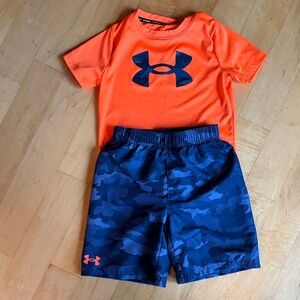 Under Armour Neon Orange Tee and Navy Camo Shorts